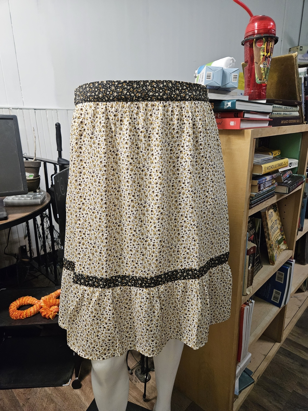 DownEast Cream Floral A-Line Skirt with Black Trim
